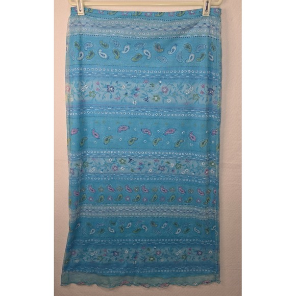 Vintage Dresses & Skirts - Vintage Y2K Blue Paisley Floral Mesh Maxi Skirt Lettuce Hem Large Made in USA